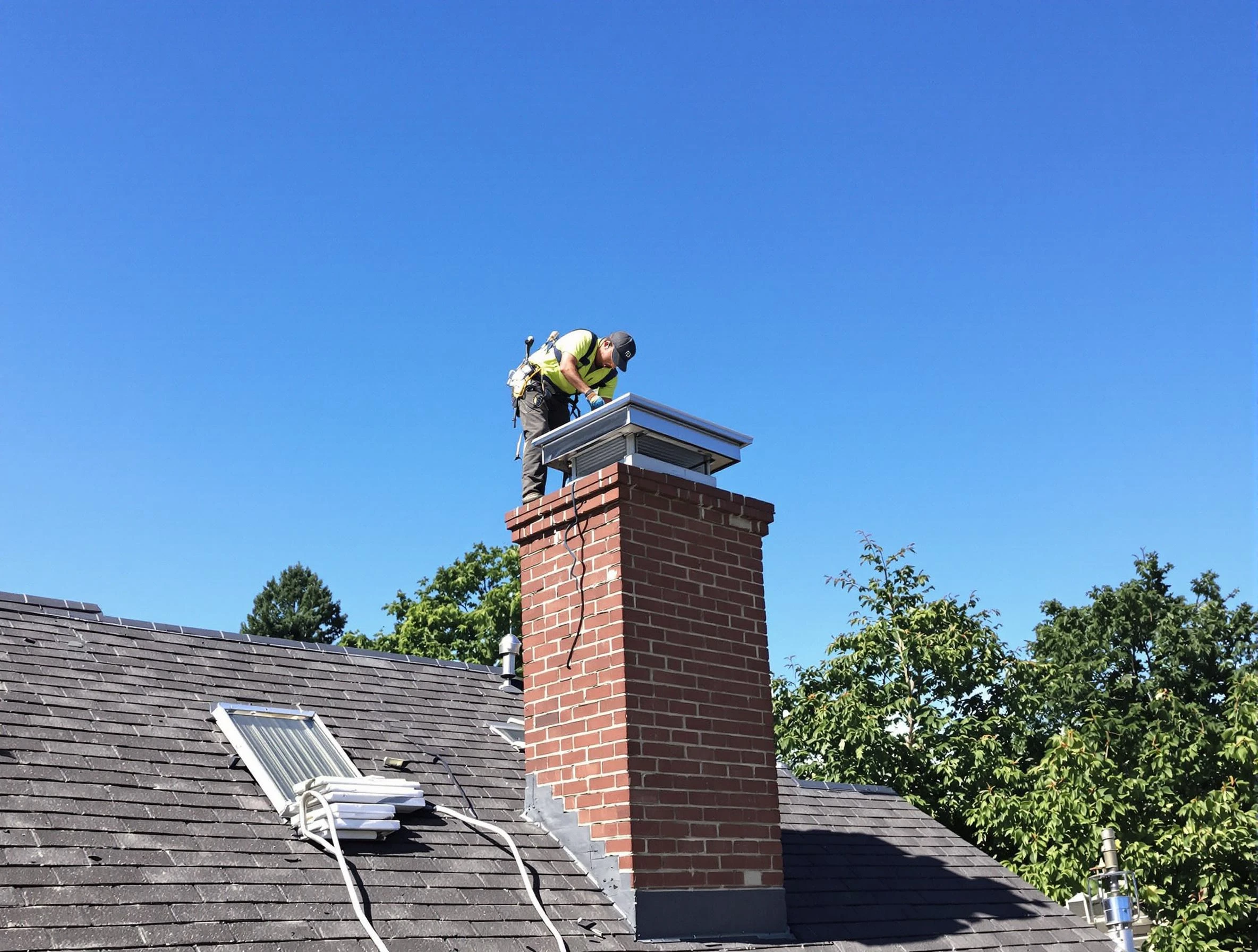 San Tan Valley Chimney Sweep technician measuring a chimney cap in San Tan Valley, AZ